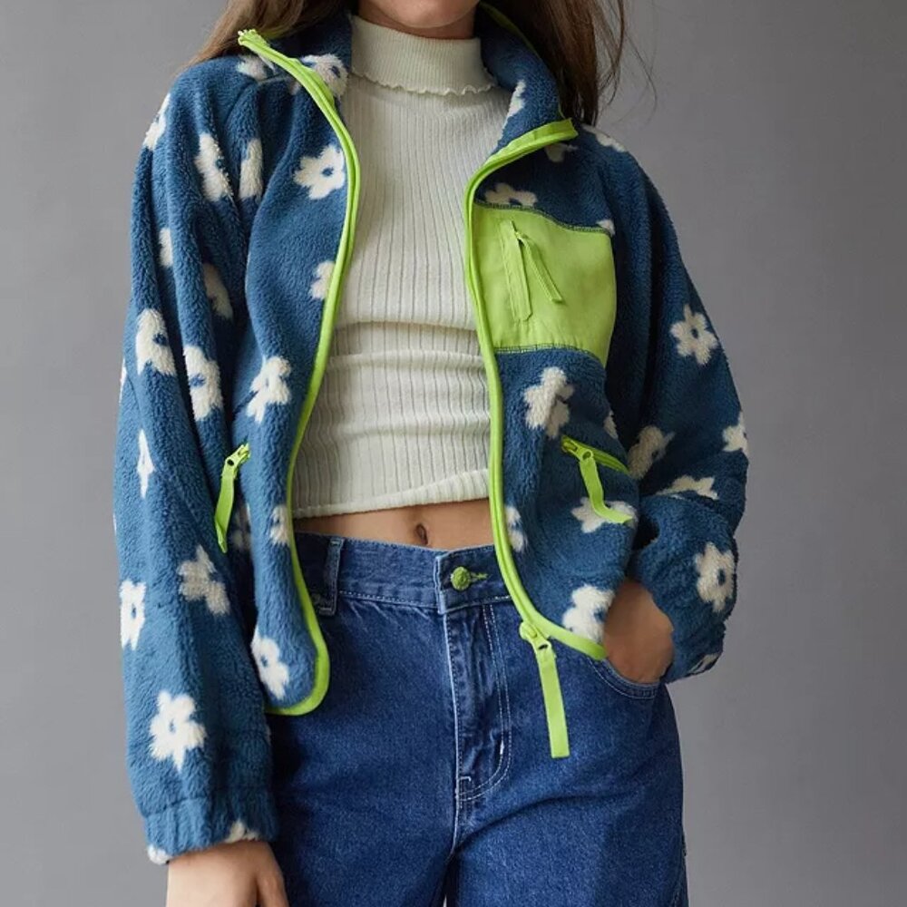 Urban Outfitters UO Stormi Flower Print Fleece Jacket, Blue/Green, Size Small